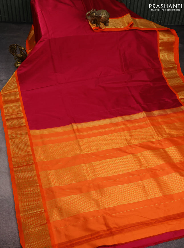 10 Yards silk saree magenta pink and orange with plain body and zari woven border