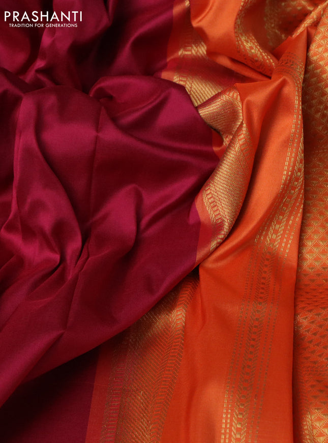 10 Yards silk saree magenta pink and orange with plain body and zari woven border