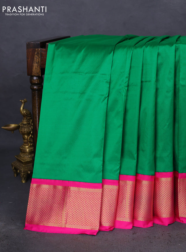 10 Yards silk saree green and pink with plain body and zari woven border