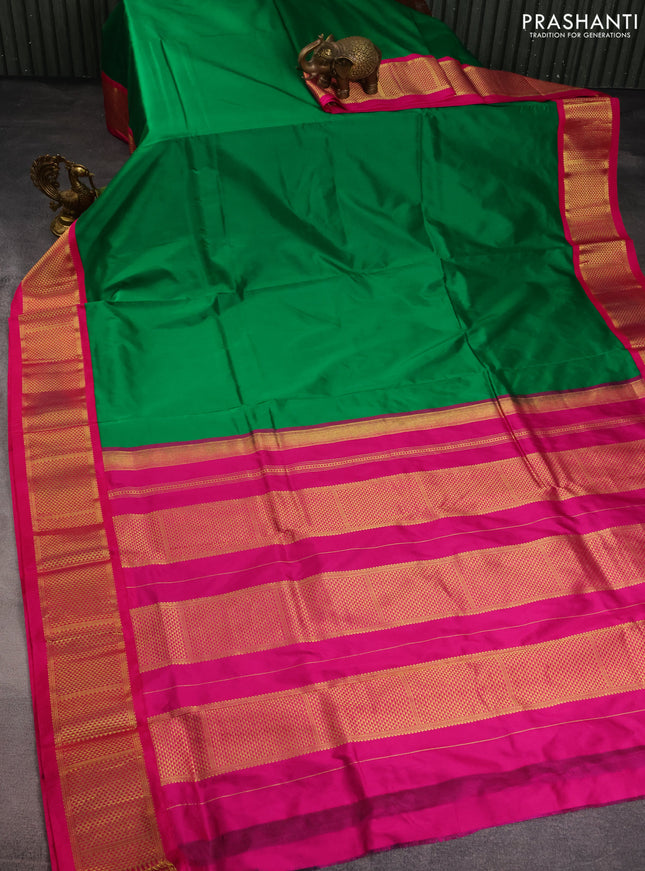 10 Yards silk saree green and pink with plain body and zari woven border