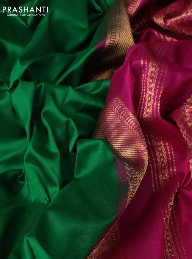 10 Yards silk saree green and pink with plain body and zari woven border