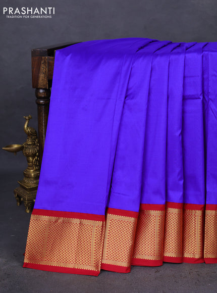 10 Yards silk saree blue and maroon with plain body and zari woven border