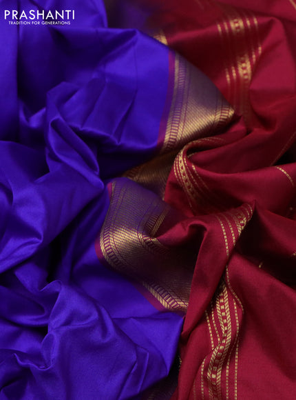 10 Yards silk saree blue and maroon with plain body and zari woven border