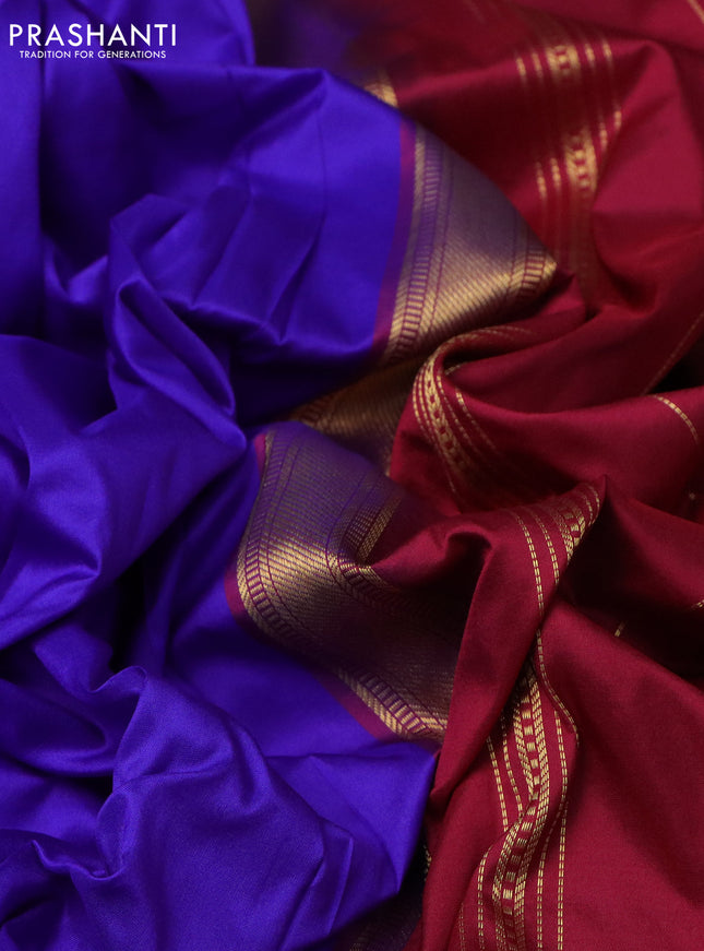 10 Yards silk saree blue and maroon with plain body and zari woven border