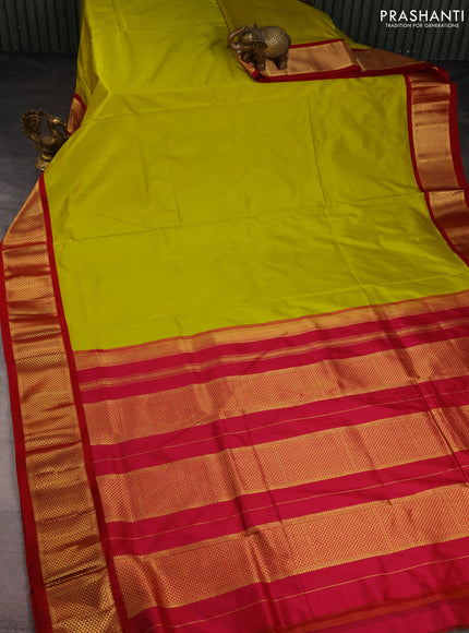 10 Yards silk saree lime green and maroon with plain body and zari woven border