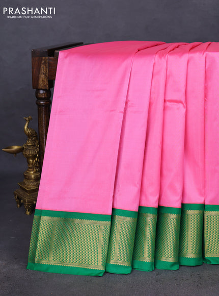 10 Yards silk saree candy pink and green with plain body and zari woven border