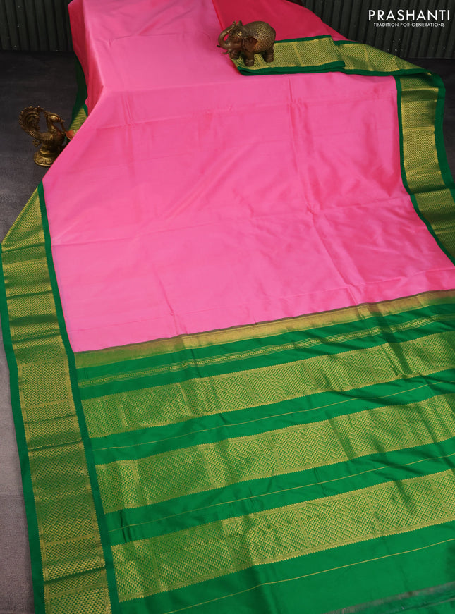 10 Yards silk saree candy pink and green with plain body and zari woven border