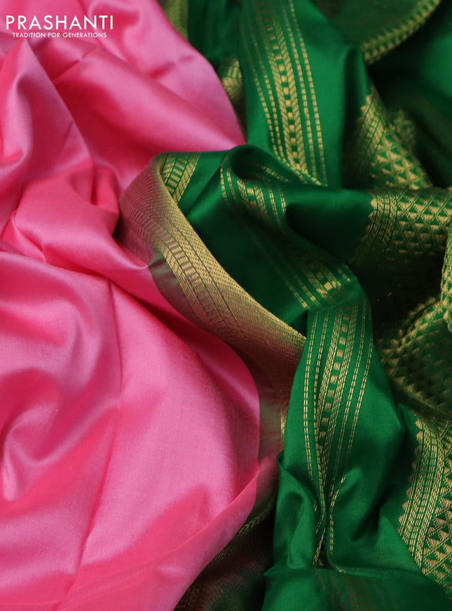 10 Yards silk saree candy pink and green with plain body and zari woven border