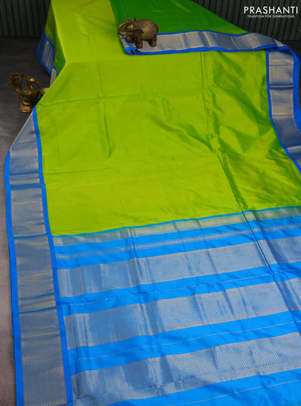 10 Yards silk saree fluorescent green and cs blue with plain body and zari woven border