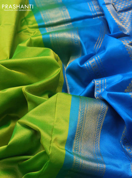10 Yards silk saree fluorescent green and cs blue with plain body and zari woven border