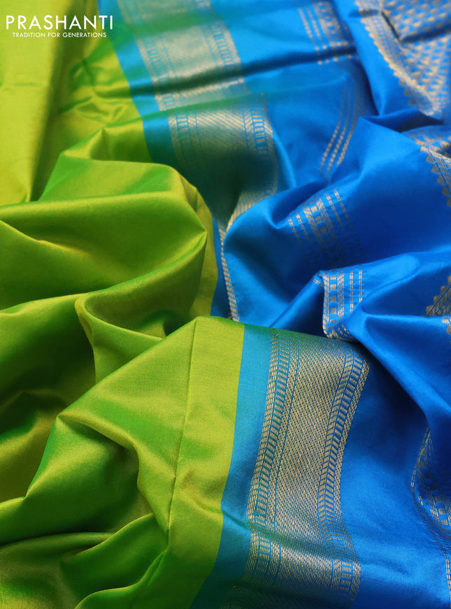 10 Yards silk saree fluorescent green and cs blue with plain body and zari woven border