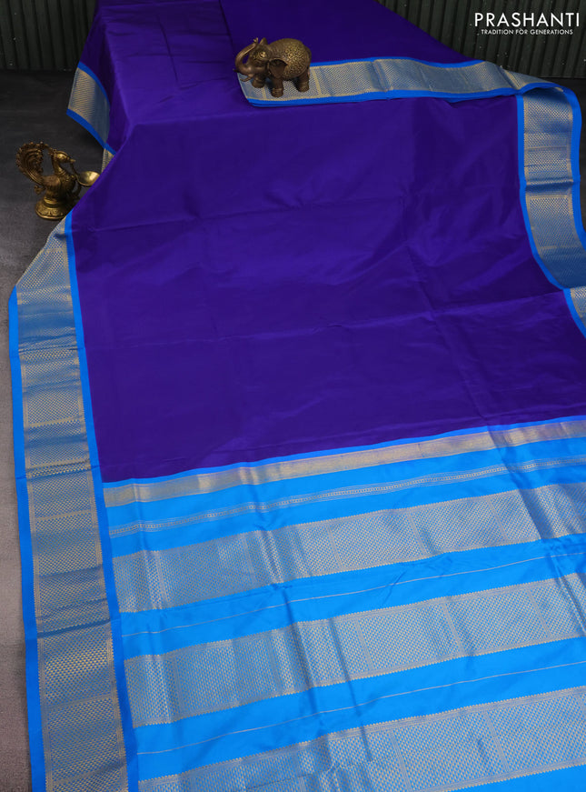10 Yards silk saree blue and cs blue with plain body and zari woven border