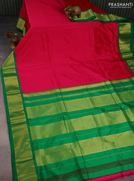 10 Yards silk saree pink and green with plain body and zari woven border