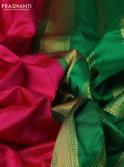 10 Yards silk saree pink and green with plain body and zari woven border