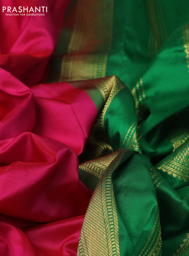 10 Yards silk saree pink and green with plain body and zari woven border