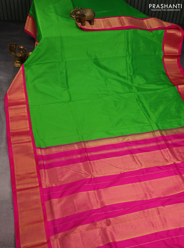 10 Yards silk saree light green and pink with plain body and zari woven border