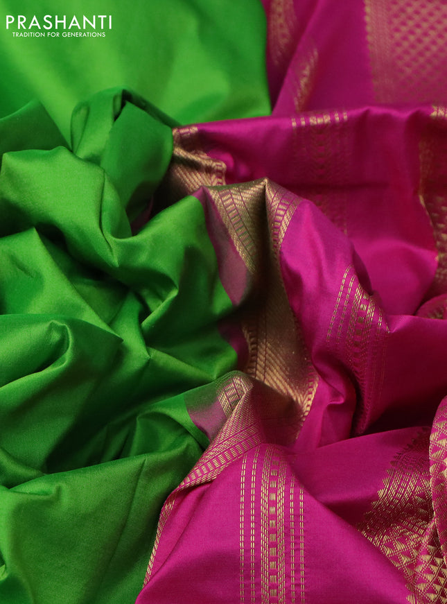 10 Yards silk saree light green and pink with plain body and zari woven border