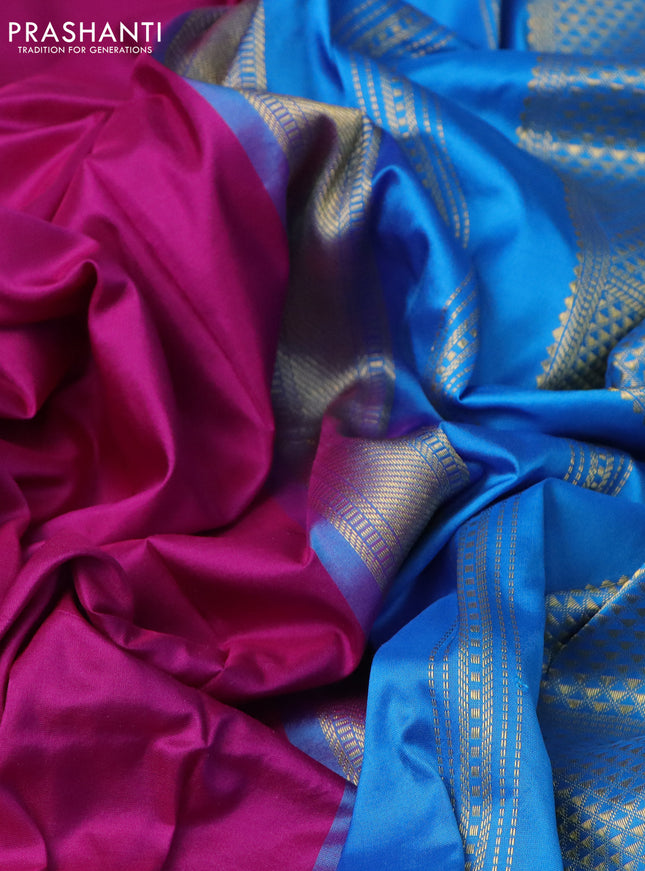 10 Yards silk saree purple and cs blue with plain body and zari woven border