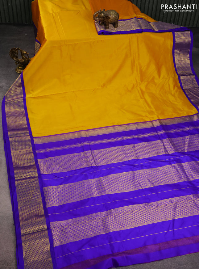 10 Yards silk saree mustard yellow and blue with plain body and zari woven border