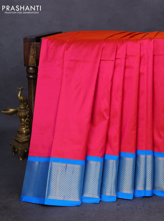 10 Yards silk saree pink and cs blue with plain body and zari woven border