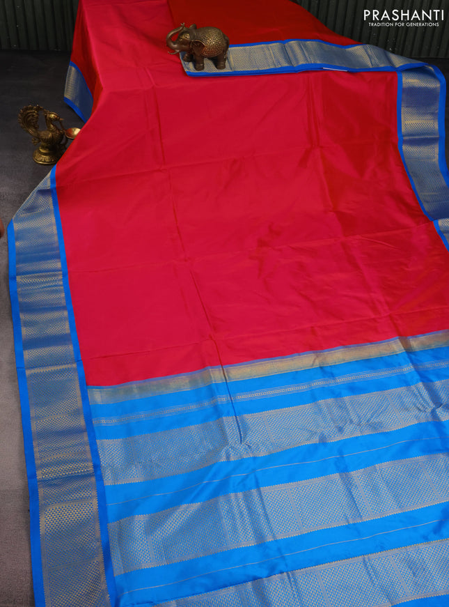 10 Yards silk saree pink and cs blue with plain body and zari woven border
