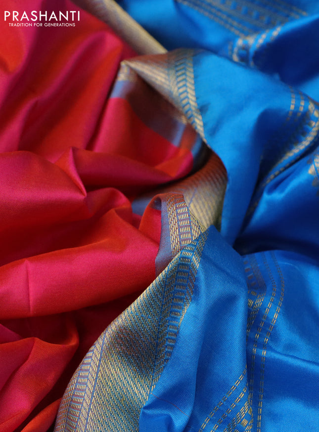 10 Yards silk saree pink and cs blue with plain body and zari woven border