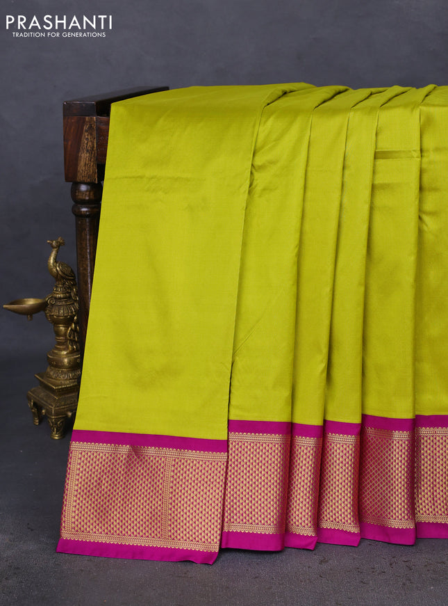 10 Yards silk saree lime green and purple with plain body and zari woven border
