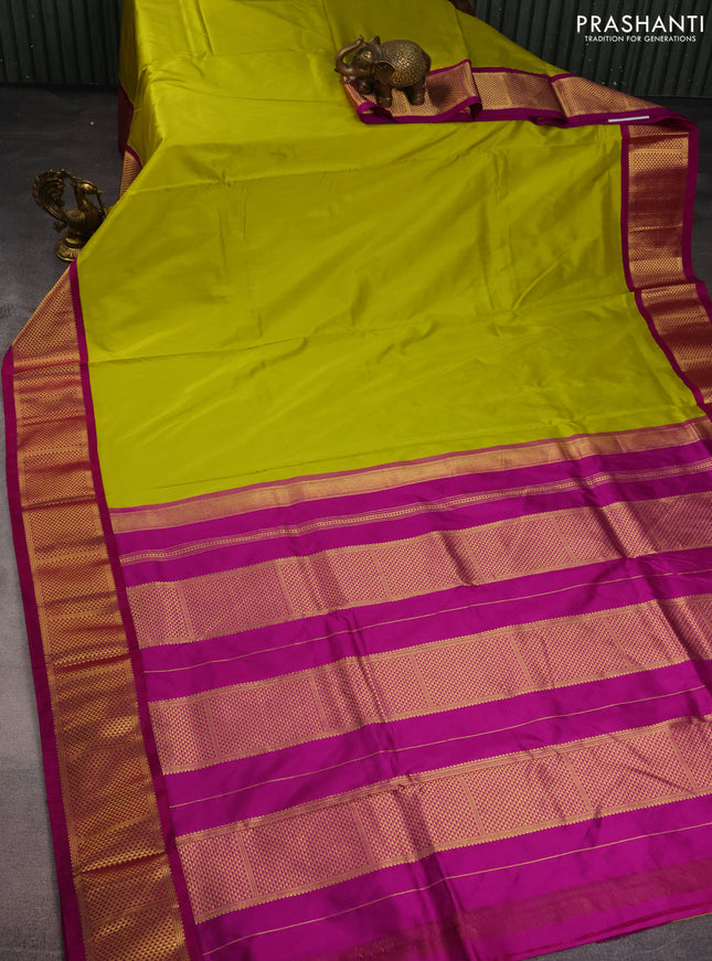 10 Yards silk saree lime green and purple with plain body and zari woven border