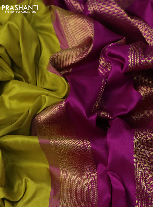 10 Yards silk saree lime green and purple with plain body and zari woven border