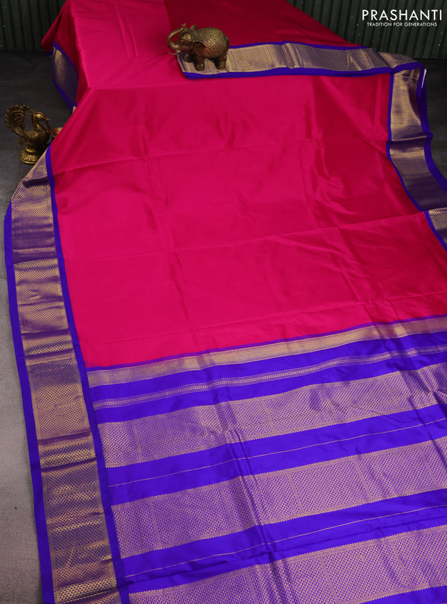 10 Yards silk saree pink and blue with plain body and zari woven border