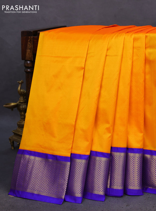 10 Yards silk saree mango yellow and blue with plain body and zari woven border