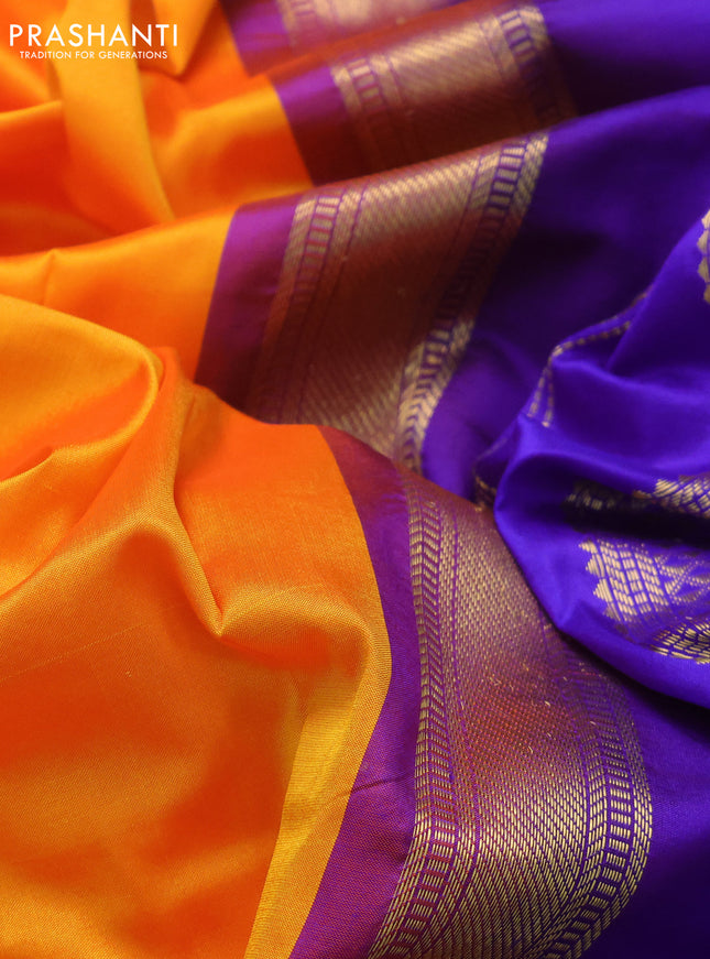 10 Yards silk saree mango yellow and blue with plain body and zari woven border