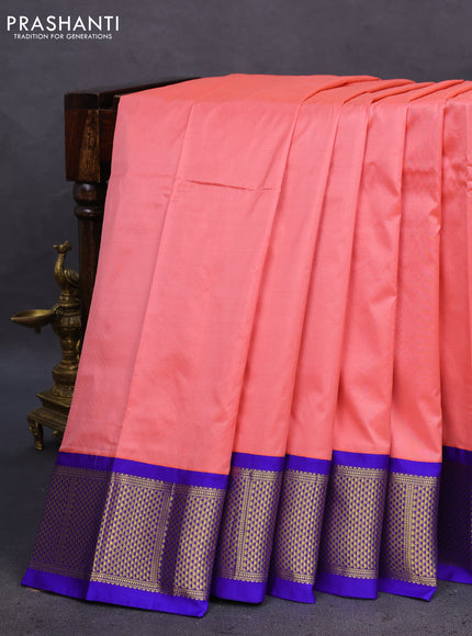 10 Yards silk saree peach pink and blue with plain body and zari woven border