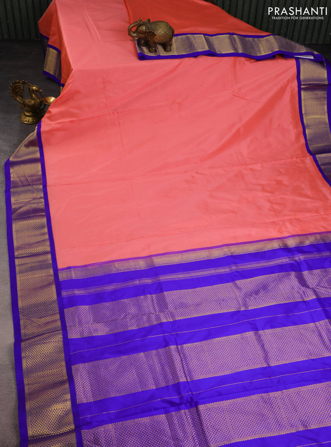10 Yards silk saree peach pink and blue with plain body and zari woven border