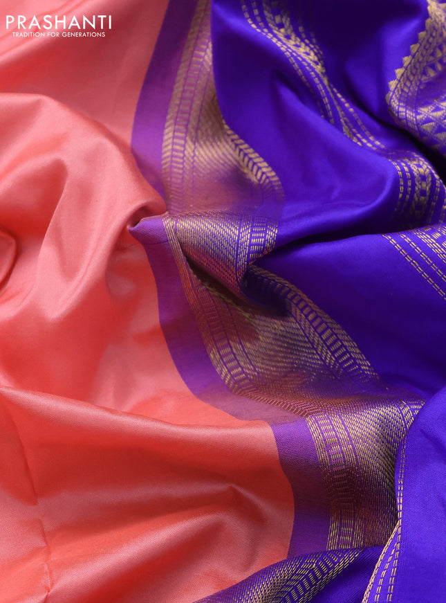 10 Yards silk saree peach pink and blue with plain body and zari woven border