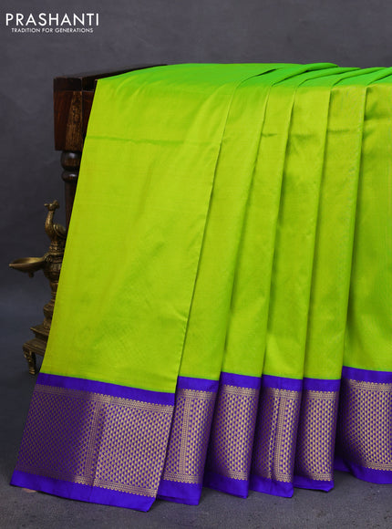 10 Yards silk saree fluorescent green and blue with plain body and zari woven border