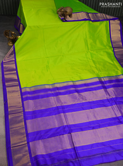 10 Yards silk saree fluorescent green and blue with plain body and zari woven border