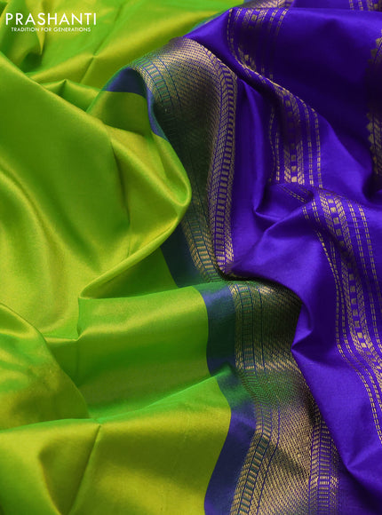 10 Yards silk saree fluorescent green and blue with plain body and zari woven border