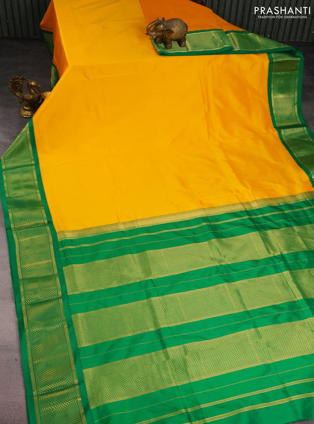 10 Yards silk saree mango yellow and green with plain body and zari woven border
