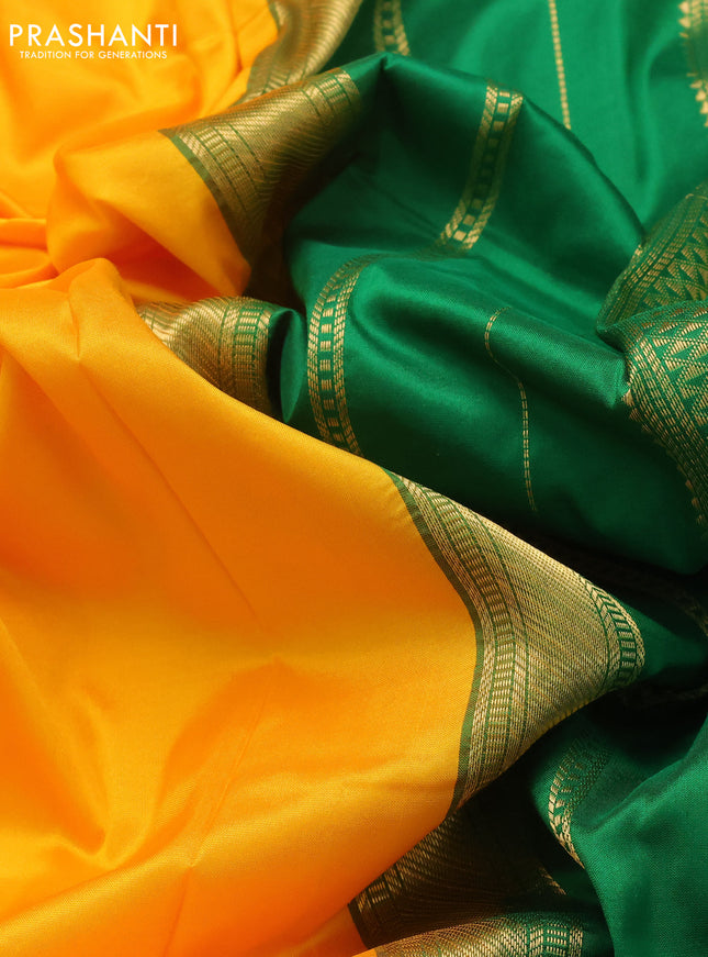 10 Yards silk saree mango yellow and green with plain body and zari woven border