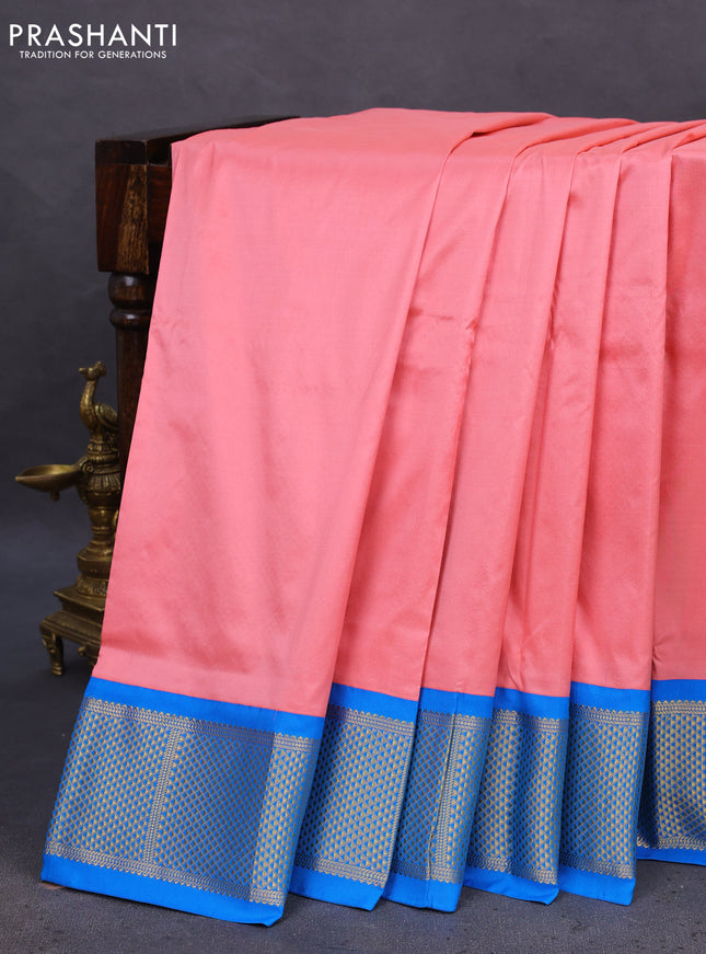 10 Yards silk saree peach pink and cs blue with plain body and zari woven border