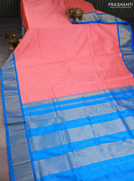 10 Yards silk saree peach pink and cs blue with plain body and zari woven border