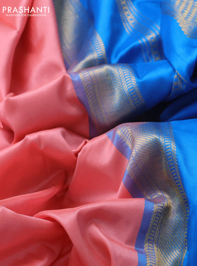 10 Yards silk saree peach pink and cs blue with plain body and zari woven border