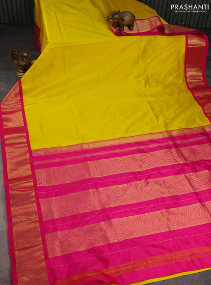 10 Yards silk saree lime yellow and pink with plain body and zari woven border