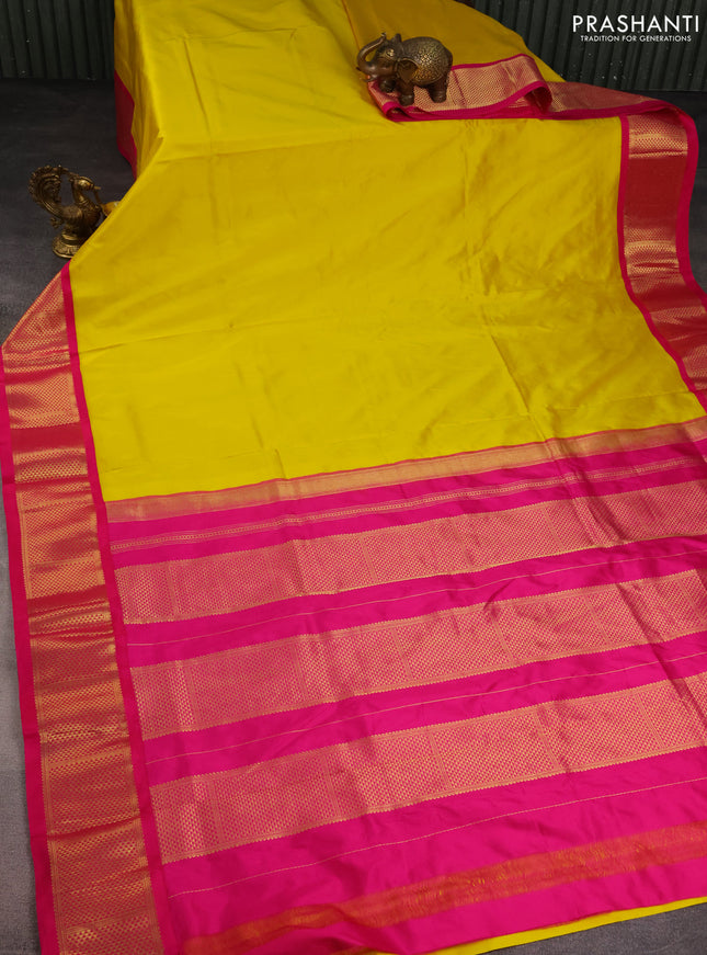 10 Yards silk saree lime yellow and pink with plain body and zari woven border