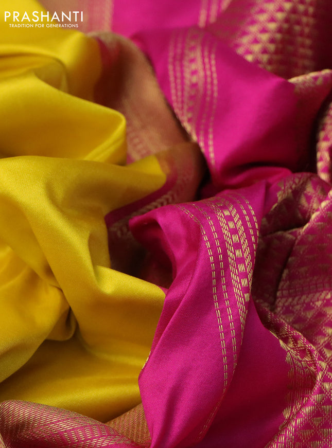 10 Yards silk saree lime yellow and pink with plain body and zari woven border