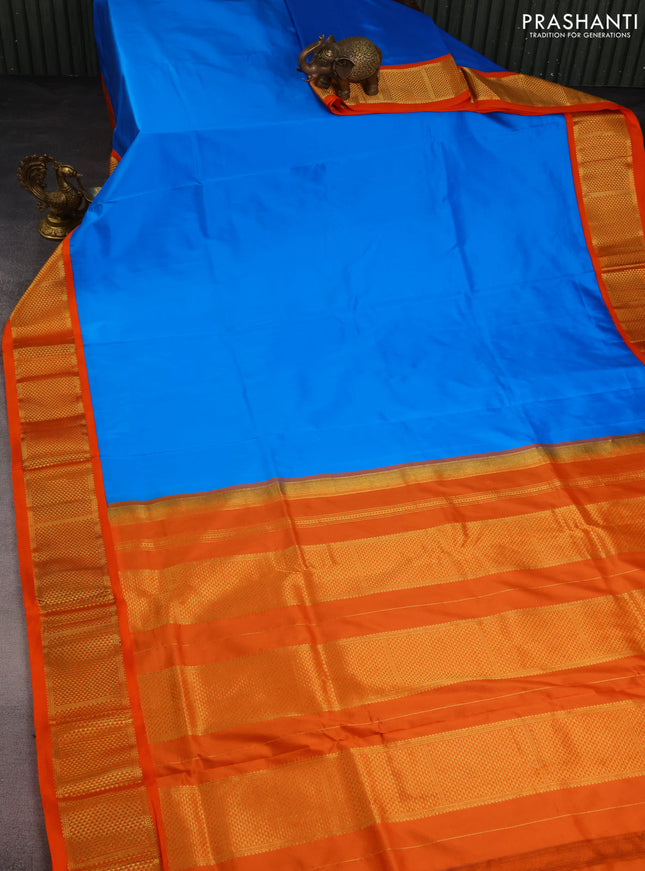 10 Yards silk saree cs blue and orange with plain body and zari woven border