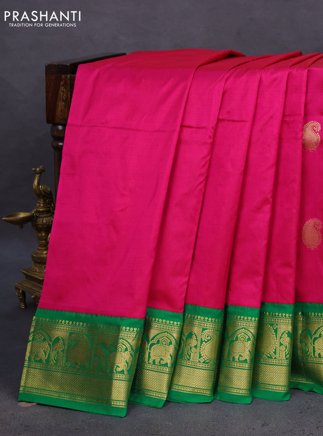 10 Yards silk saree pink and green with annam & paisley zari woven buttas and zari woven border