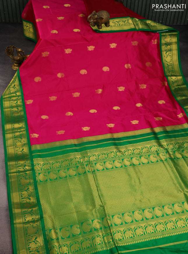 10 Yards silk saree pink and green with annam & paisley zari woven buttas and zari woven border