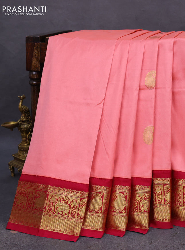 10 Yards silk saree peach orange and dark magenta pink with annam & paisley zari woven buttas and zari woven border